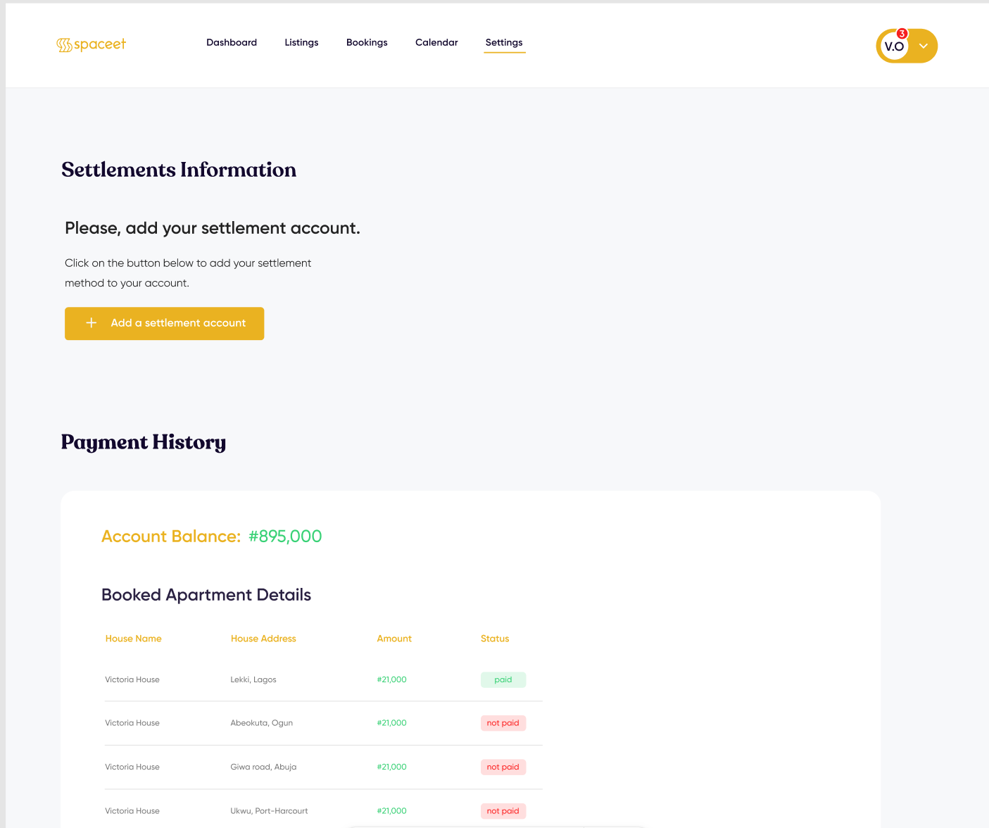 Spaceet Settlement Page